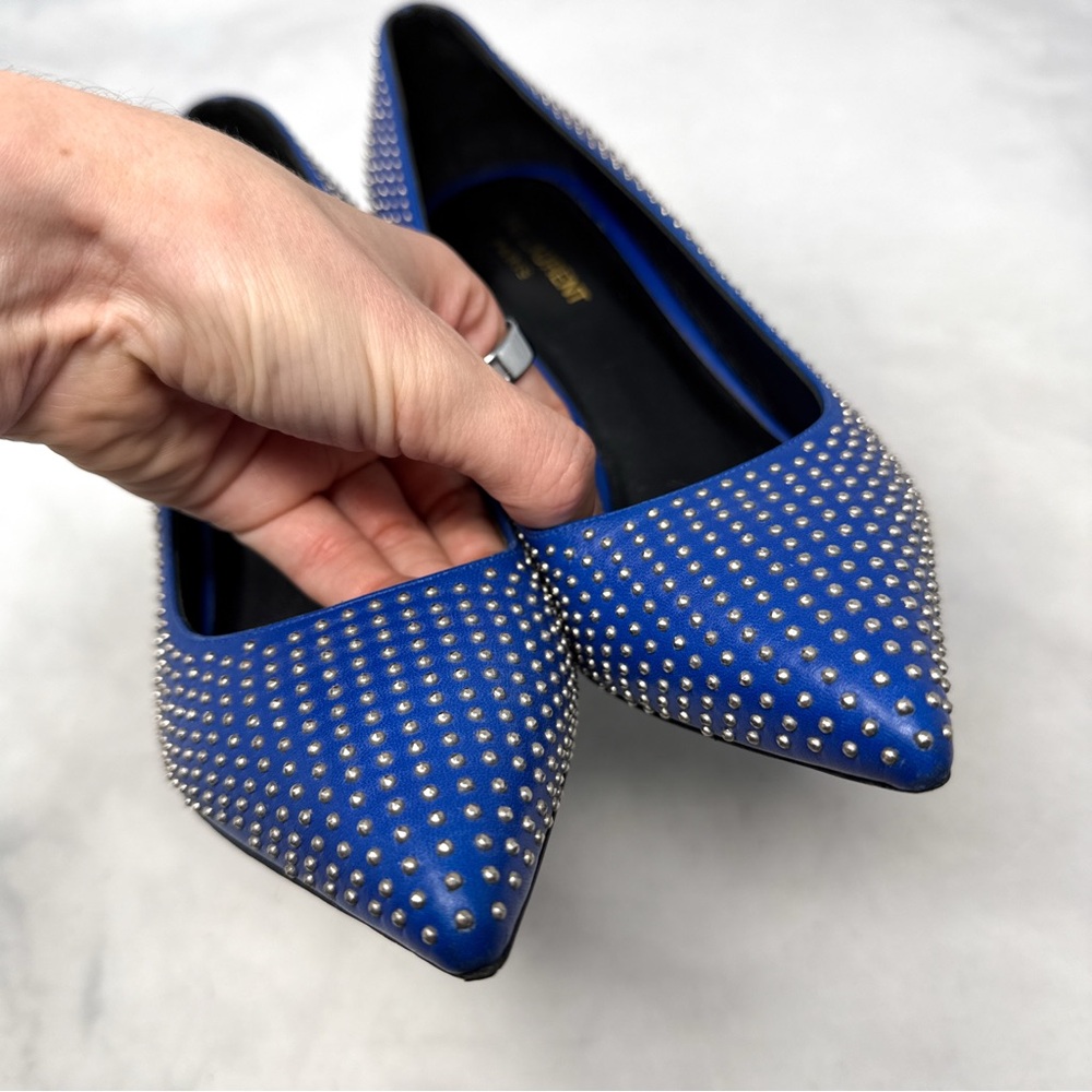 Saint Laurent Paris 80 Studded Leather Pointed Toe Stiletto Heel Pumps Blue 38 - Picture 3 of 14